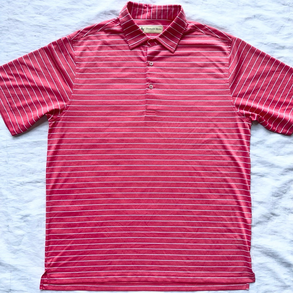 NWOT Men’s Large Donald Ross Sportswear Striped SS Golf Polo Shirt Salmon/White